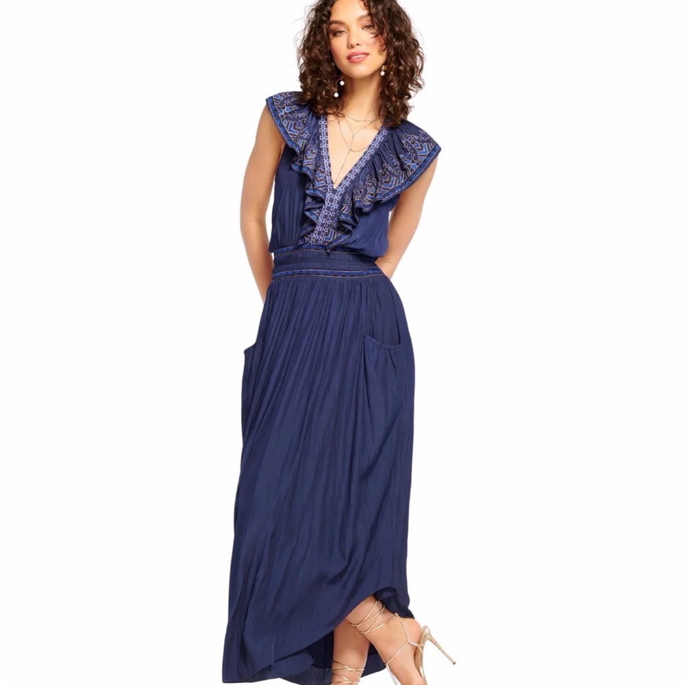 Ramy Brook Camden Maxi Dress XS Navy Blue Embroidered Ruffle Boho Resort Gown